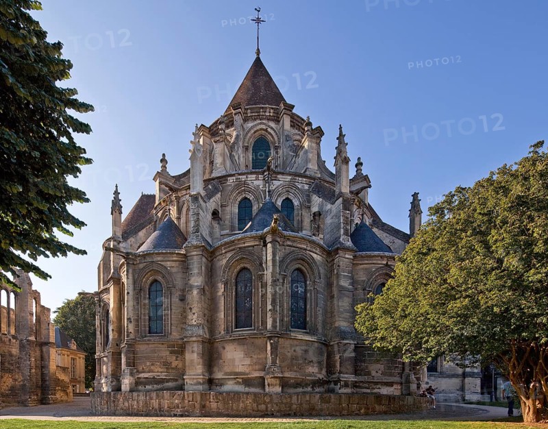 Built 1145-1235, choir exterior view with 18th century additions, ruins of the bishop's chapel on the left, St., Sankt, Saint