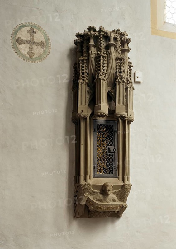 Volkach, pilgrimage church Maria im Weingarten, built in the 15th century. Sacrament house from the second half of the 15th century, St., Sankt, Saint