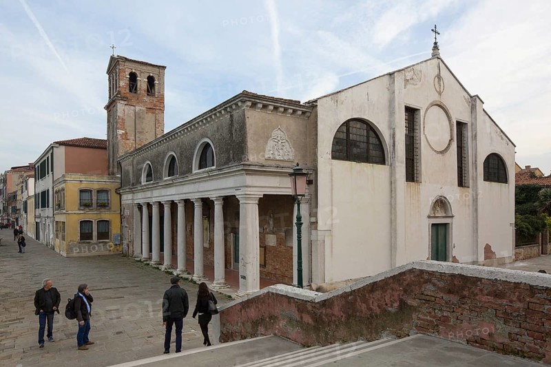 Italy Venice Santa Eufemia on the Giudecca -160 view from NW present appearance 18th century Doric portico by Michele Sanmicheli (relocated here)