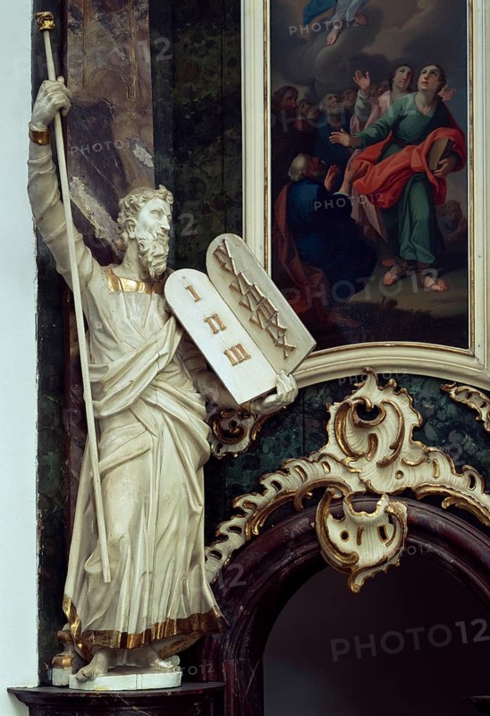 Moses figure on the altar by J.H. Schmidt, architect Cay Dose, St., Sankt, Saint