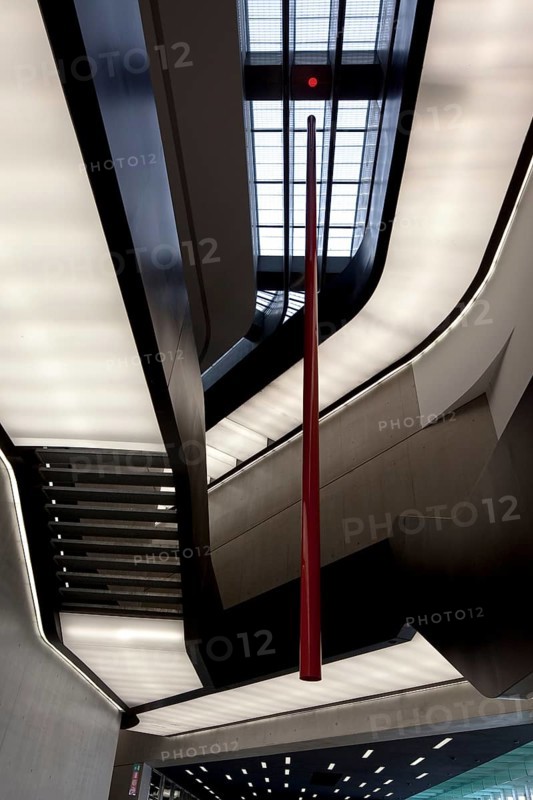 Museo nazionale delle arti del XXI secolo, completed in 2010 by Zaha Hadid, staircases in the vestibule, view from below