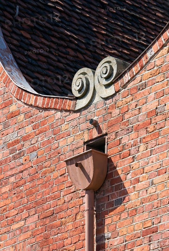 Built 1734-1742 for Dutch craftsmen, gable detail with scroll and downpipe