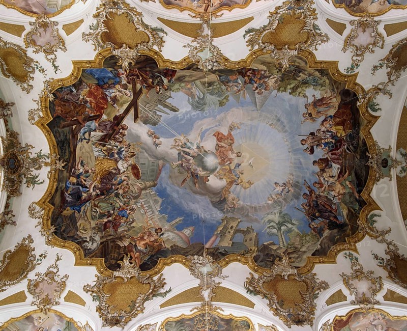 Landsberg am Lech, baroque Fialkirche Hl. Kreuz, ceiling fresco in the nave. Theme: The discovery of the Holy Cross by Empress Helena. As well as depiction of the Trinity, St., Sankt, Saint