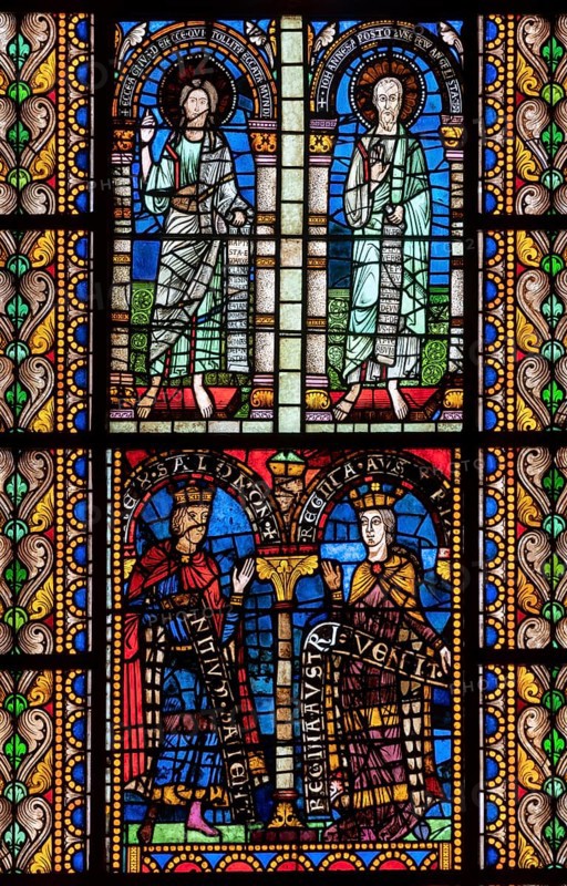 Strasbourg Cathedral, Cathédrale Notre-Dame de Strasbourg, window of the north transept, left window north wall, John the Baptist and John the Evangelist, below King Solomon and the Queen of Sheba