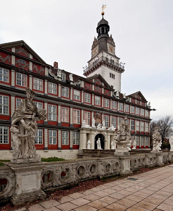 Wolfenbüttel Castle Portal façade partial view with castle tower, present appearance 1714-17 by Hermann Korb Sculpture by Franz Finck