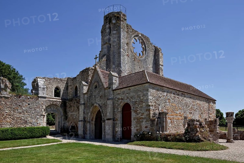 Ruins of the monastery church, sacristy and remains of the cloister, behind it south transept gable with stair tower and rose window, St., Sankt, Saint