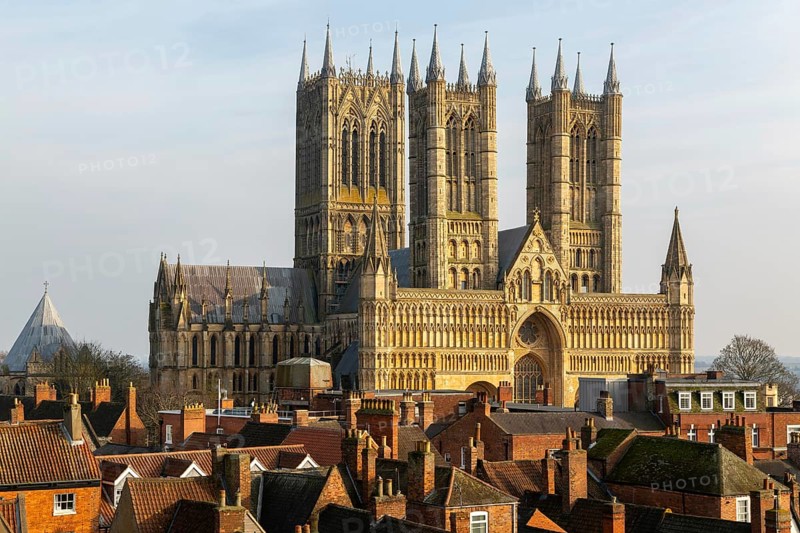 West frontage of Lincoln cathedral church viewed from castle walls, city of Lincoln, Lincolnshire, England, UK