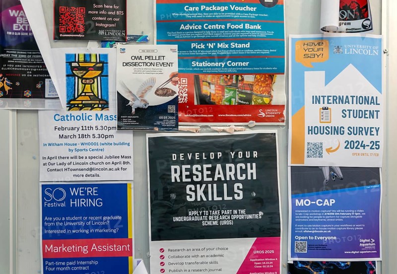 Student information noticeboard, University of Lincoln, Lincoln, Lincolnshire, England, UK