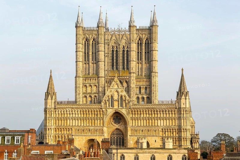 West frontage of Lincoln cathedral church viewed from castle walls, city of Lincoln, Lincolnshire, England, UK
