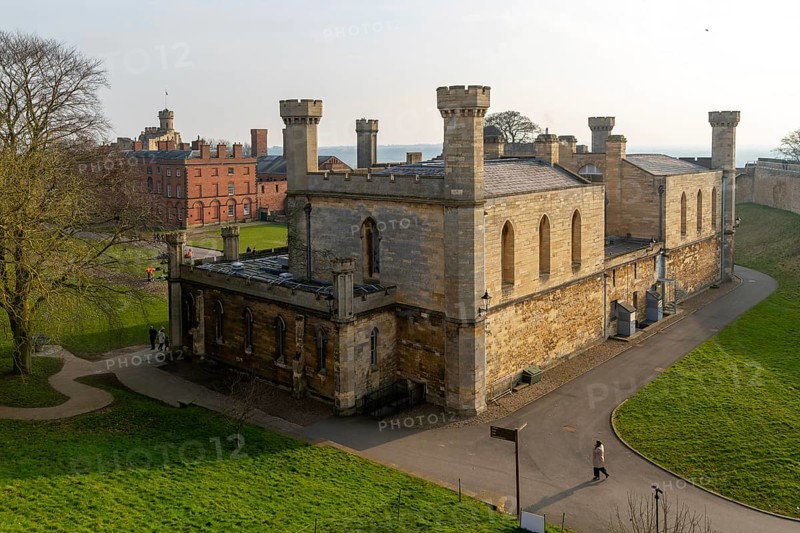 View from medieval walls of Crown Court building inside Lincoln Castle, city of Lincoln, Lincolnshire, England, UK