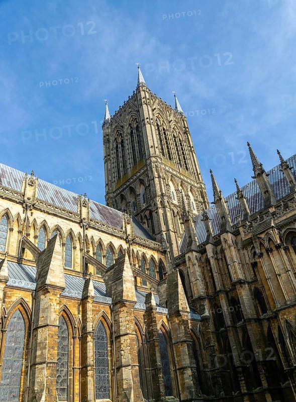 Looking up at central tower of Lincoln cathedral church, city of Lincoln, Lincolnshire, England, UK