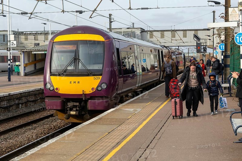 East Midlands Railway British Rail Class 170 Turbostar train at station platform, Peterborough, Cambridgeshire, England, UK