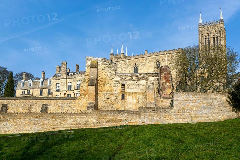 Walls of medieval Bishops' Palace from Temple Gardens park, city of Lincoln, Lincolnshire, England, UK