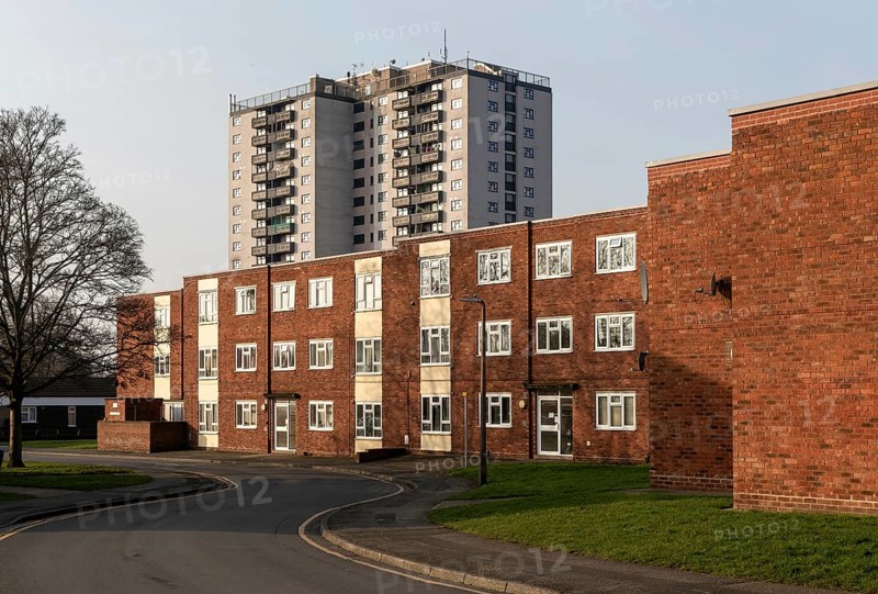 Maisonette flats in Napier Street, high rise flats in Shuttleworth House, Stamp End, Lincoln, Lincolnshire, England, UK