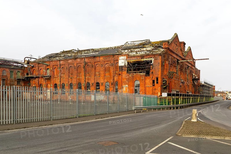 Derelict ruin of Great Grimsby Ice Factory built in 1900, Grimsby docks, north east Lincolnshire, England, UK