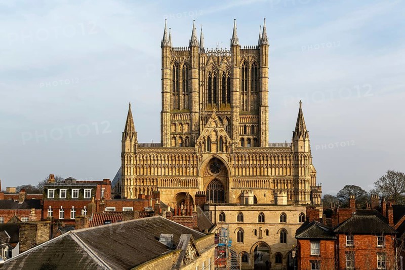 West frontage of Lincoln cathedral church viewed from castle walls, city of Lincoln, Lincolnshire, England, UK