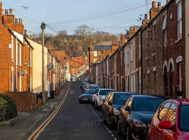 Victorian terraced housing with no front gardens, St Hugh Street, inner city of Lincoln, Lincolnshire, England, UK