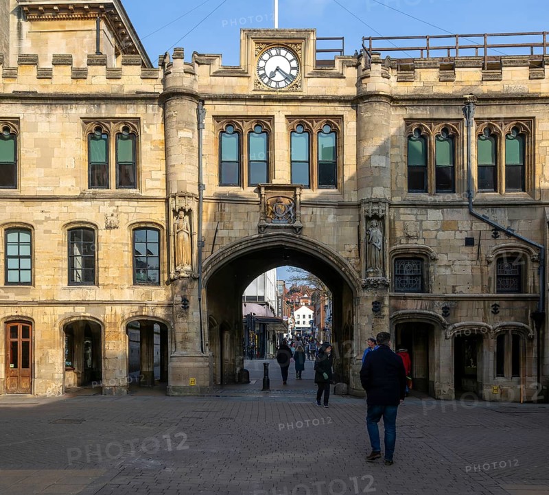 The Stonebow and Guildhall medieval town gate main city High Street, Lincoln, Lincolnshire, England, UK