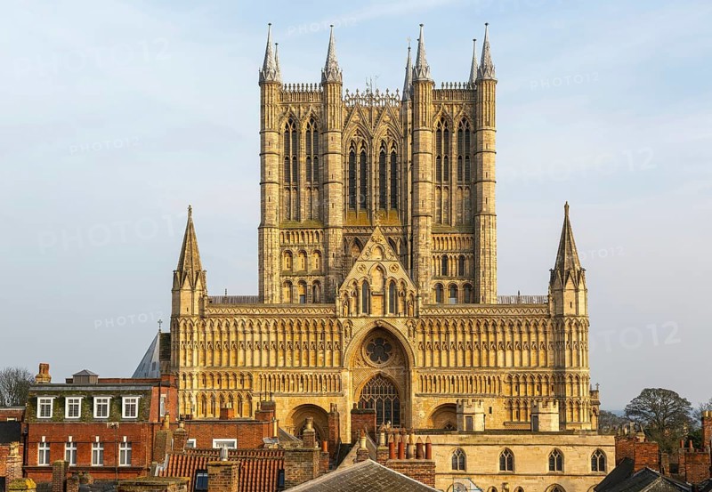 West frontage of Lincoln cathedral church viewed from castle walls, city of Lincoln, Lincolnshire, England, UK