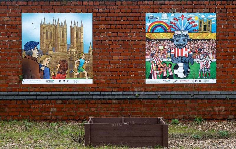 Heritage posters portraying local history, Lincoln railway station, city of Lincoln, Lincolnshire, England, UK