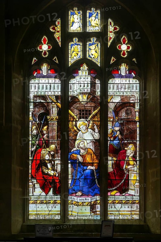 Stained glass window church of Saint Bartholomew Corsham, Wiltshire, England, UK - Saint Peter released from prison by Burlison & Grylls 1878