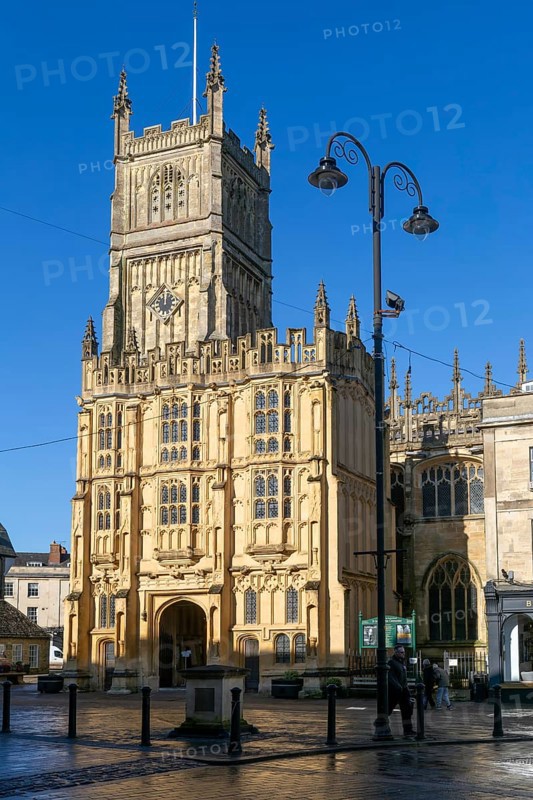 Tower and entrance doorway, Saint John the Baptist church, Cirencester, Gloucestershire, England, UK