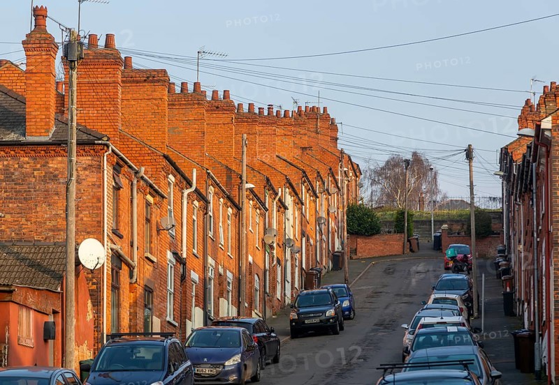 Victorian terraced housing with no front gardens, Bernard Street, inner city of Lincoln, Lincolnshire, England, UK