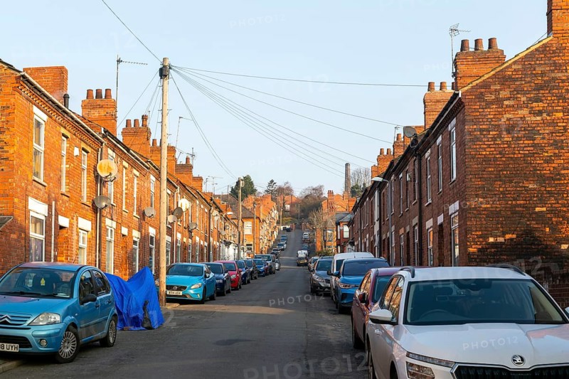 Victorian terraced housing with no front gardens, Coleby Street, inner city of Lincoln, Lincolnshire, England, UK