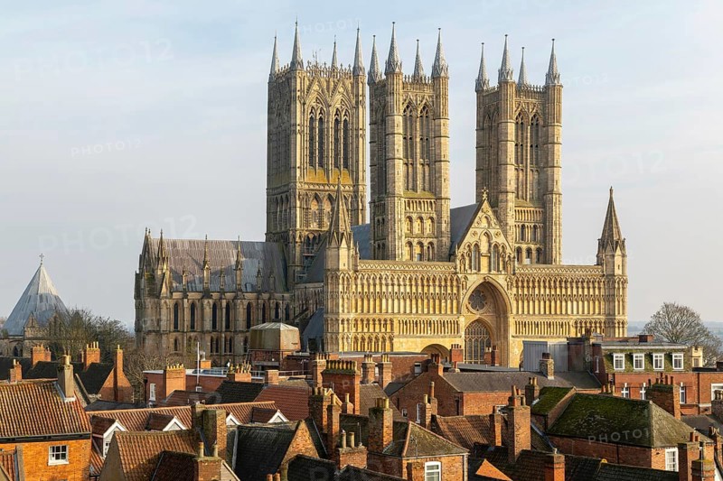 West frontage of Lincoln cathedral church viewed from castle walls, city of Lincoln, Lincolnshire, England, UK