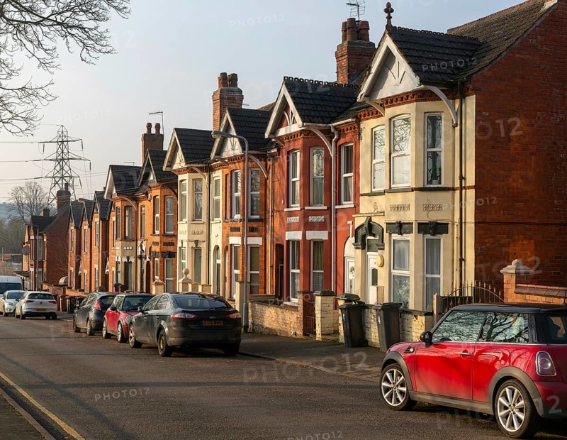 Terraced villas with bay windows front gardens, Tempest Street, inner city of Lincoln, Lincolnshire, England, UK
