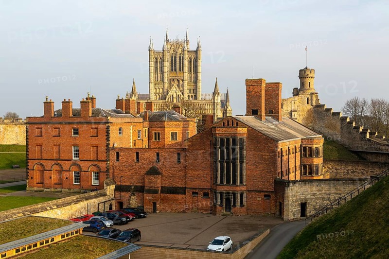 Cathedral and Victorian prison from medieval wall, inside Lincoln Castle, city of Lincoln, Lincolnshire, England, UK