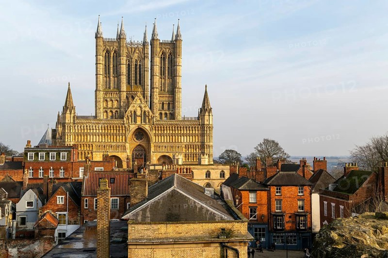 West frontage of Lincoln cathedral church viewed from castle walls, city of Lincoln, Lincolnshire, England, UK