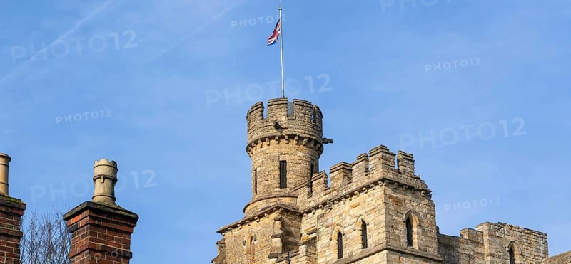 Observatory Tower turret flying Union Jack flag, Lincoln Castle, city of Lincoln, Lincolnshire, England, UK