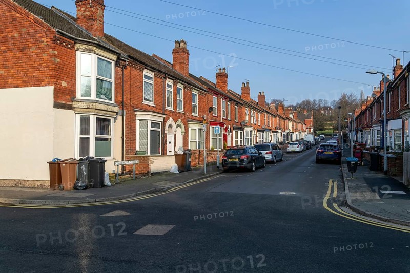 Victorian terraced housing with small front gardens, Claremont Street, inner city of Lincoln, Lincolnshire, England, UK