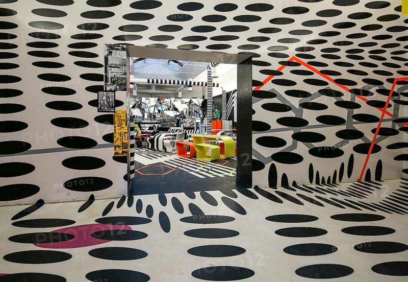Venice, Biennale grounds, cafeteria designed in 2009 by Tobias Rehberger, vestibule with view into the dining room