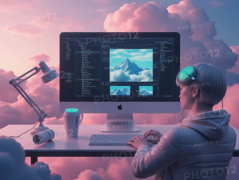A digital creative edits mountainscapes on a desktop computer in a dreamy, ethereal setting. Soft pink clouds surround the workspace, creating a calm atmosphere for creative work, AI generated