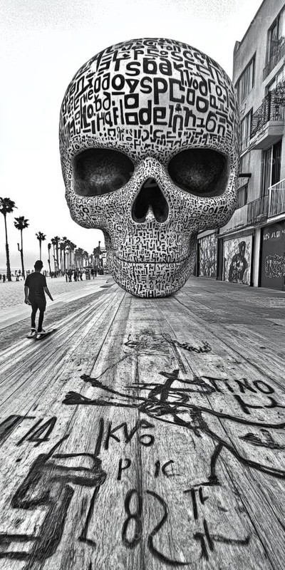A striking black and white photo capturing a colossal skull-shaped art piece adorned with letters, set against a boardwalk backdrop. A lone skateboarder adds a sense of scale, AI generated