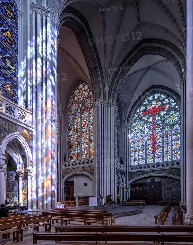 Pontmain, pilgrimage basilica Notre-Dame de Pontmain. Interior. Oblique view through the transept, St, Saint, Saint