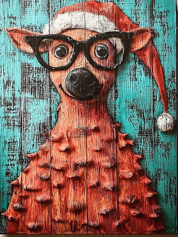 Whimsical holiday art featuring a stylized reindeer with a Santa hat and glasses, set against a textured blue background. The piece is made of rustic wood panels with red, black, and white paint, AI generated