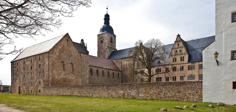 Leitzkau former castle and monastery complex seen from north-east left collegiate church right Neuhaus Castle far right remains of Althaus Castle 86644