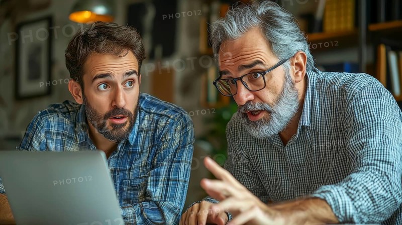 Two men are engaged in a focused discussion while looking at a laptop, showing teamwork and concentration, AI generated