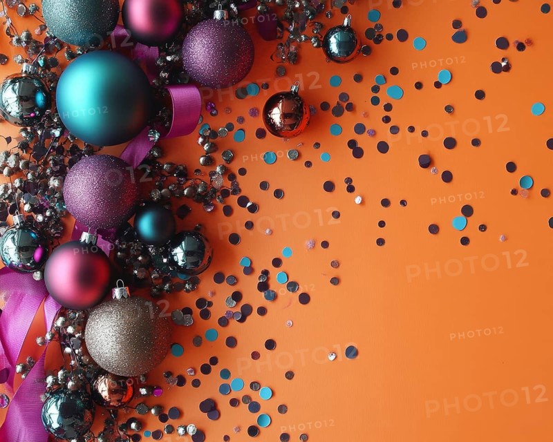 Vibrant holiday scene with assorted colorful ornaments, tiny silver flower accents, a violet ribbon, and blue and silver confetti. A fun and festive background on an orange backdrop, AI generated