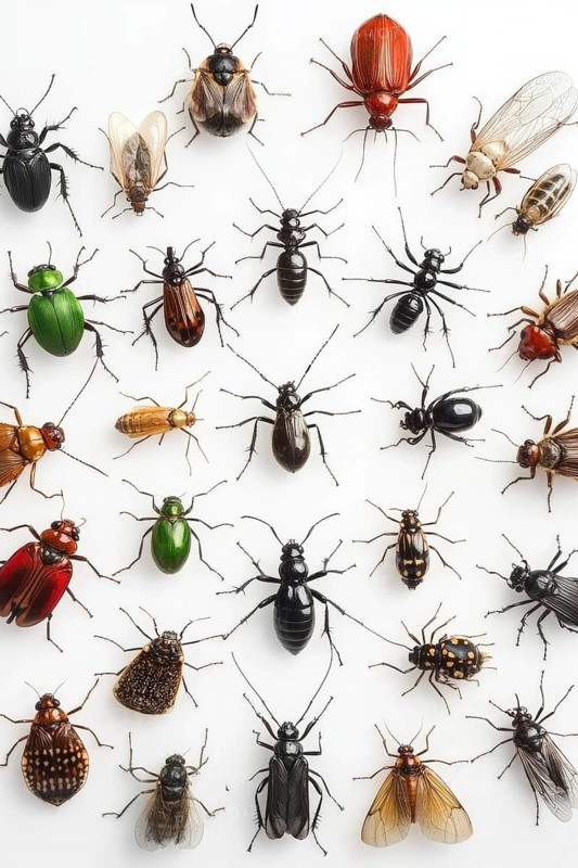 This image features a collection of insects, each unique in its appearance and form. Set against a bright white backdrop, the insects are captured in high detail, highlighting their features, AI generated