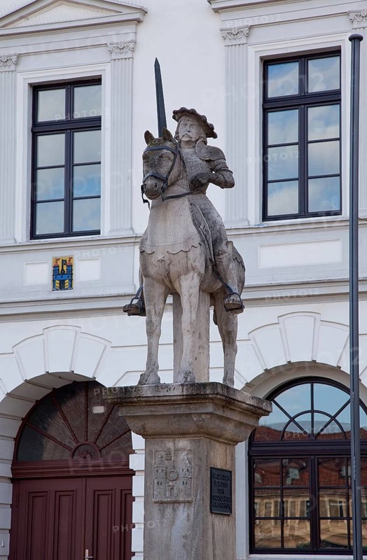 Haldensleben Ohrekreis Roland as equestrian statue singular 74672 in front of the town hall copy from 1927 original from 1528 in the museum