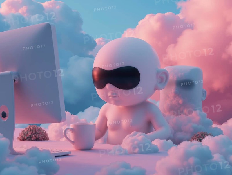 A surreal scene features a figure with shades sitting at a desk with a computer and coffee cup amidst cotton candy clouds. The pink and blue sky enhances the dreamlike workplace, AI generated