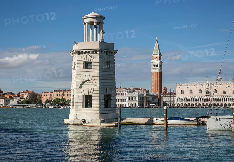 Italy Venice Marina near San Giorgio Maggiore -291 Lighthouse from 1813 behind Campanile of San Marco right Doge's Palace