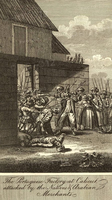 The Portuguese, Portuguese factory at Calicut attacked by the Natives and Orabine Merchants, India, Asia
