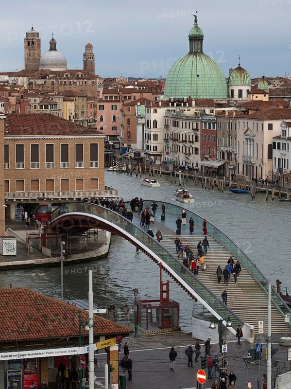 Venice, Calatrava bridge over the Grand Canal, on the right the domed church of San Simeòn Piccolo, on the left the church of San Geremia seen from the car park Autorimessa Comunale, St., St., Saint