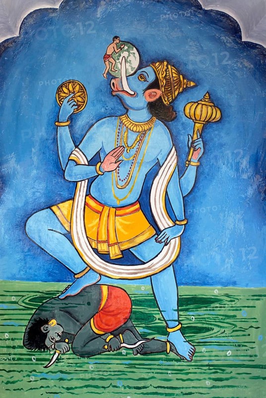 Varahavtar or boar third incarnation of Lord Vishnu colourfully painted on wall of Vishnu Narayan temple at top Parvati Pune
