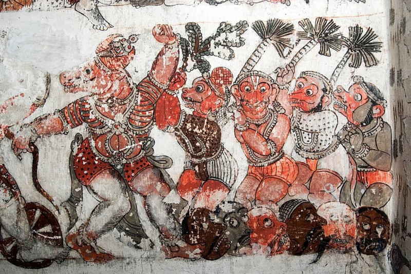 Murals depicting Ramayana and Mahabharat on ceiling in Chennakeshavaraya temple, Adiyamankottai near Dharmapuri